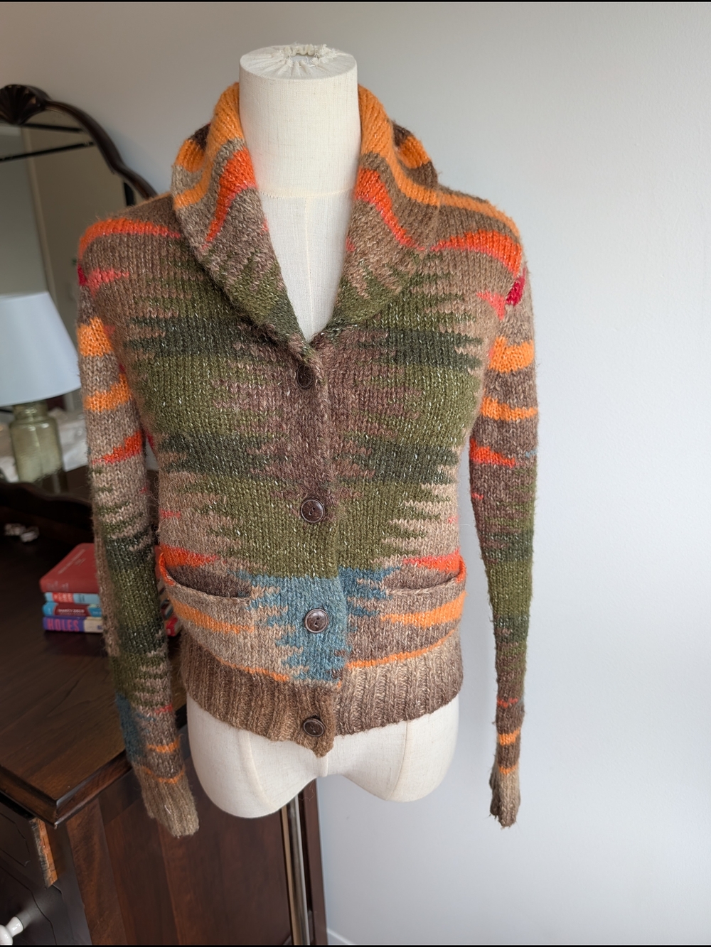 Vintage Ralph Lauren Wool Blend Multicolor Shawl Collar Button-Front Cardigan
